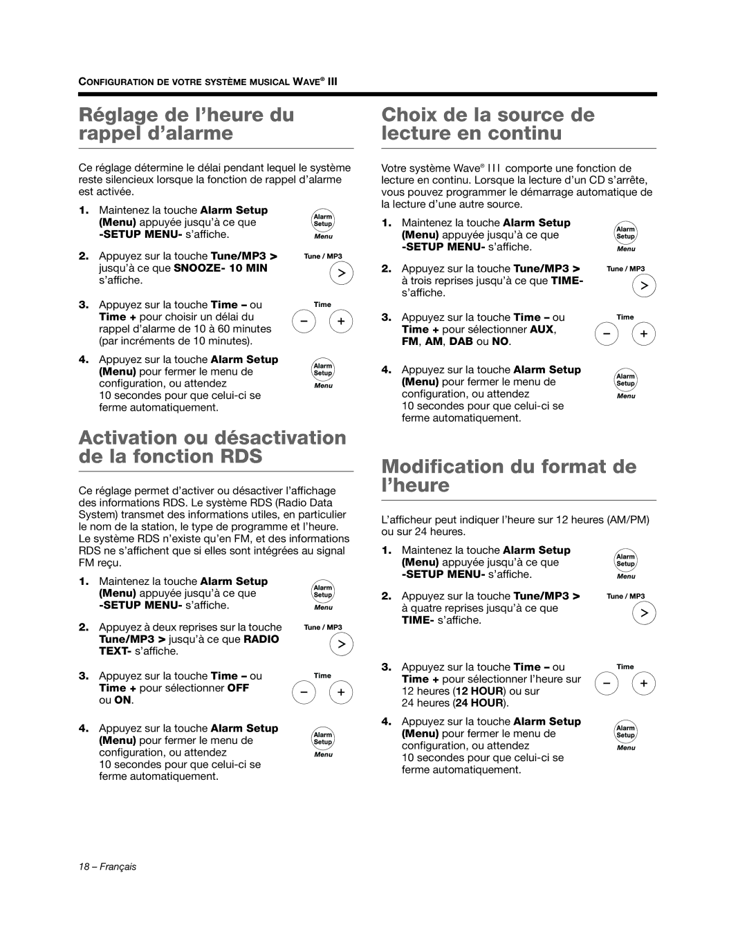 Bose AM352156 manual Réglage de l’heure du rappel d’alarme, Activation ou désactivation de la fonction RDS 