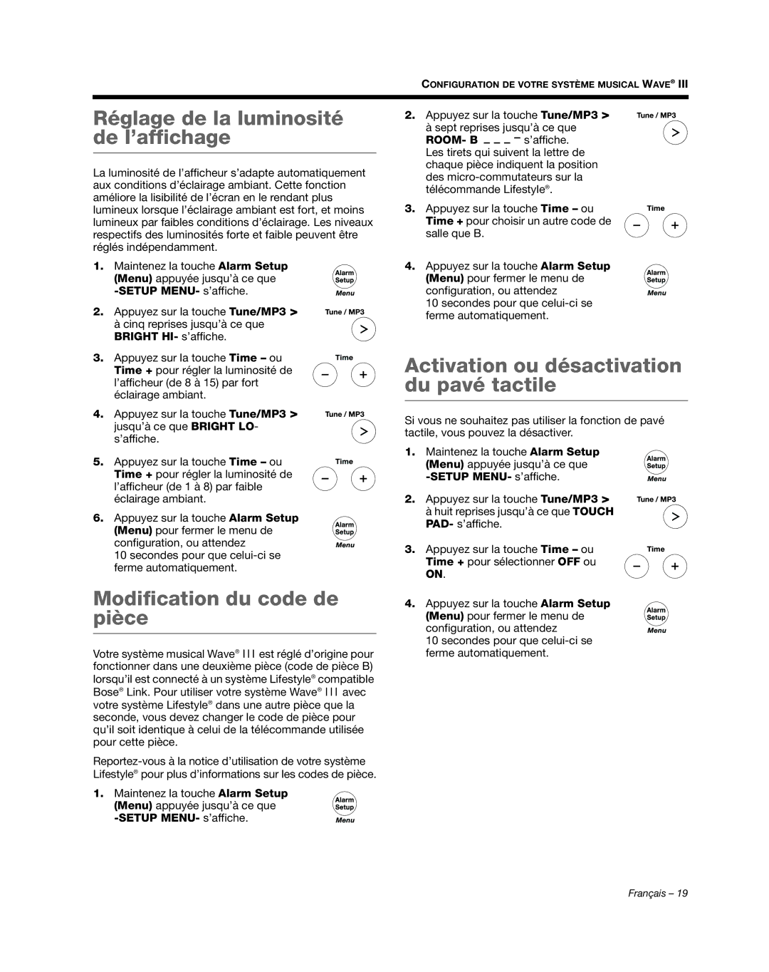 Bose AM352156 manual Réglage de la luminosité de l’affichage, Modification du code de pièce 