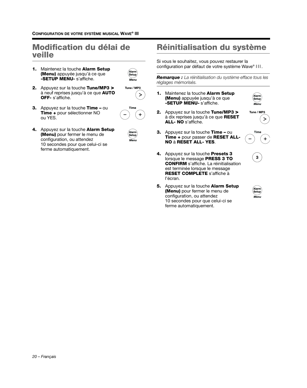 Bose AM352156 manual Modification du délai de veille, Réinitialisation du système 