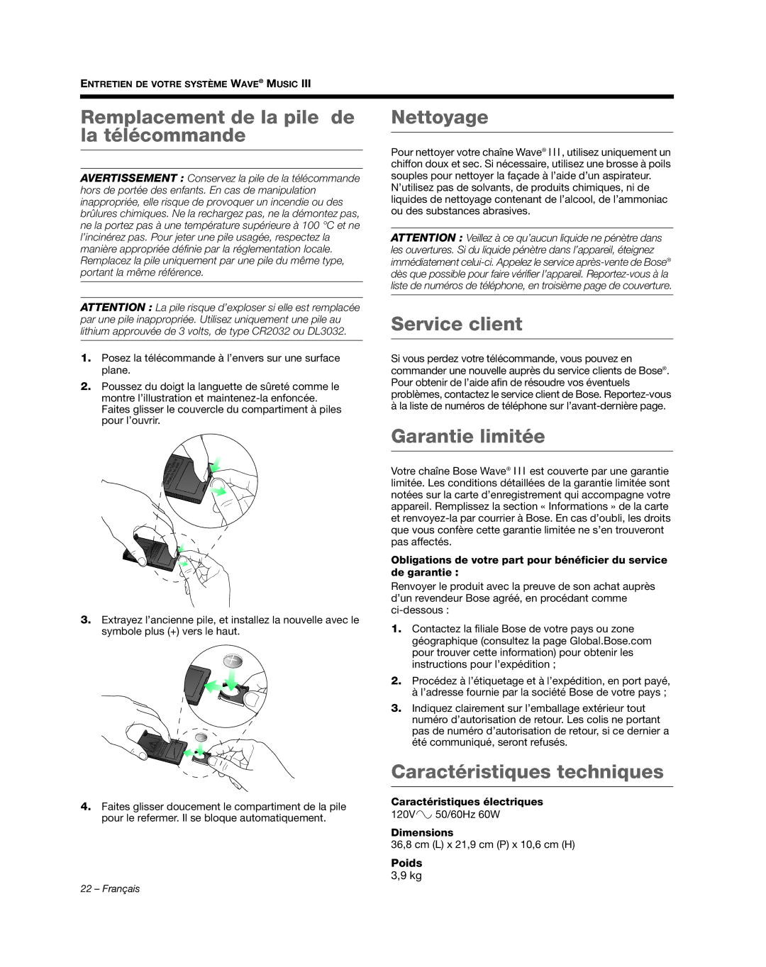 Bose AM352156 manual Caractéristiques électriques 120V 50/60Hz 60W Dimensions, Poids 