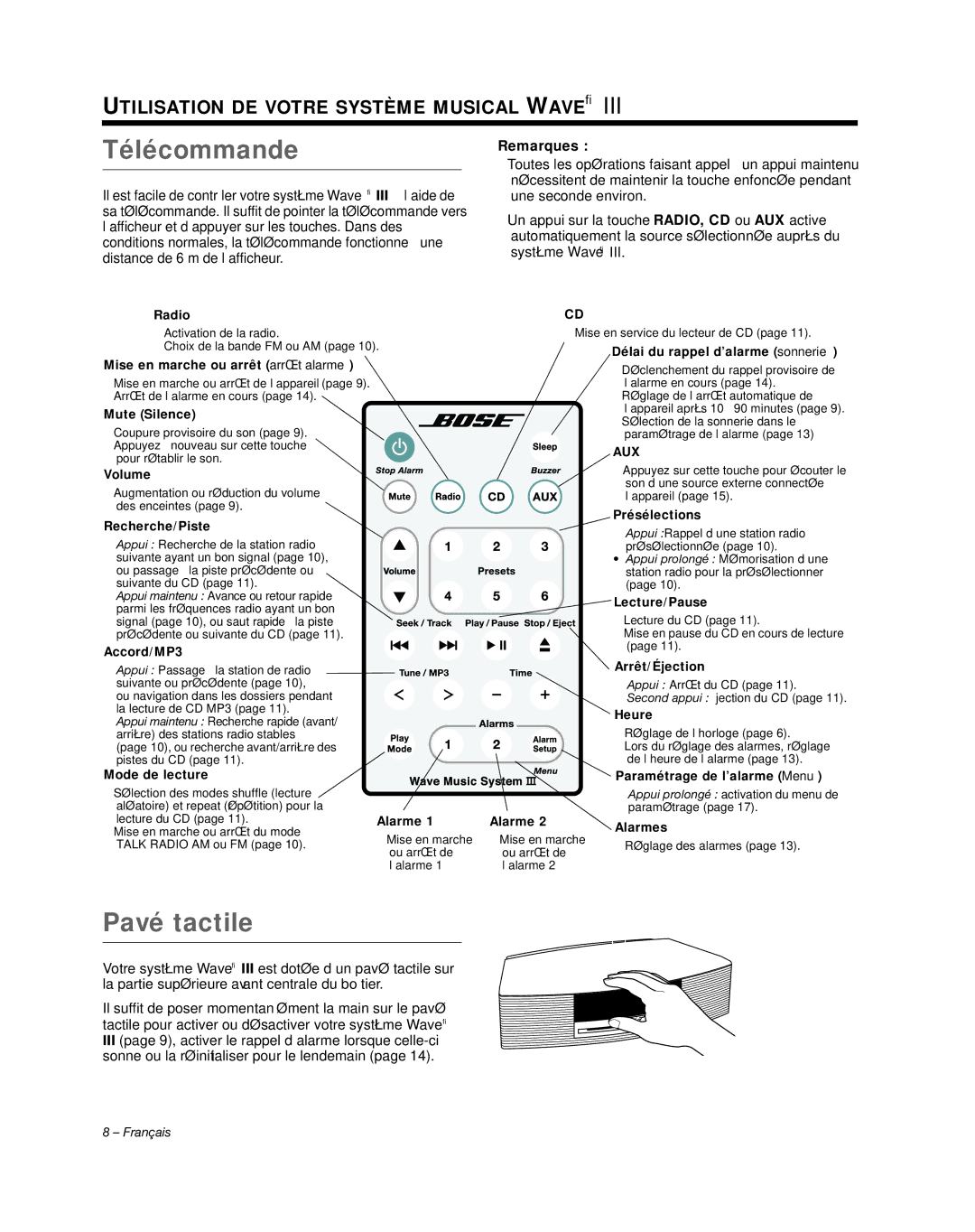 Bose AM352156 manual Télécommande, Pavé tactile 