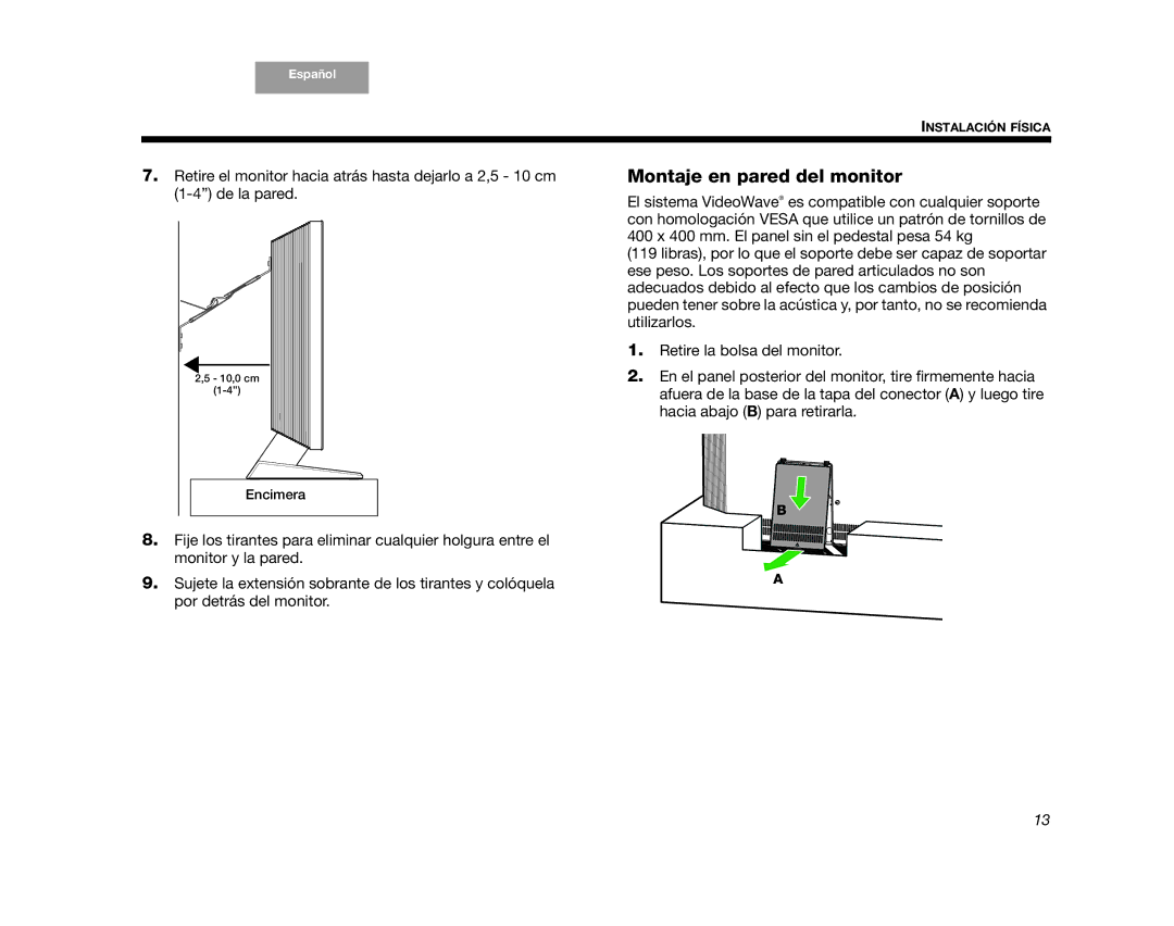 Bose AM352276 setup guide Montaje en pared del monitor 