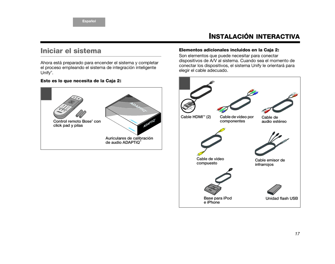 Bose AM352276 setup guide Iniciar el sistema, Elementos adicionales incluidos en la Caja 