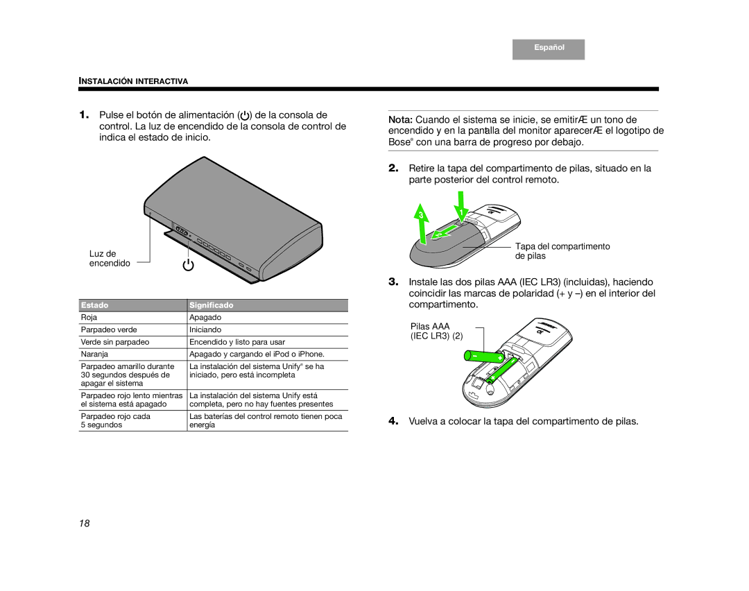 Bose AM352276 setup guide Vuelva a colocar la tapa del compartimento de pilas 