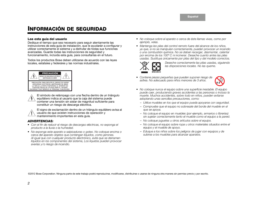 Bose AM352276 setup guide Información DE Seguridad 