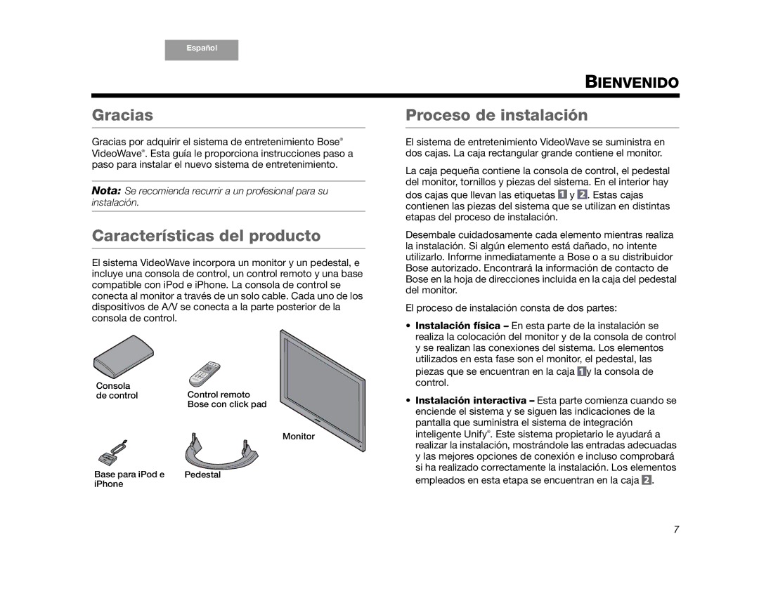 Bose AM352276 setup guide Gracias, Características del producto, Proceso de instalación 