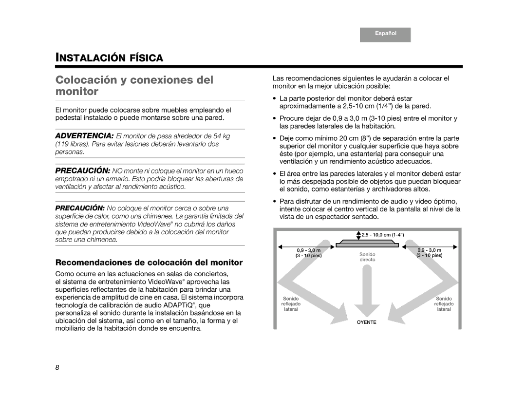 Bose AM352276 setup guide Colocación y conexiones del monitor, Recomendaciones de colocación del monitor 