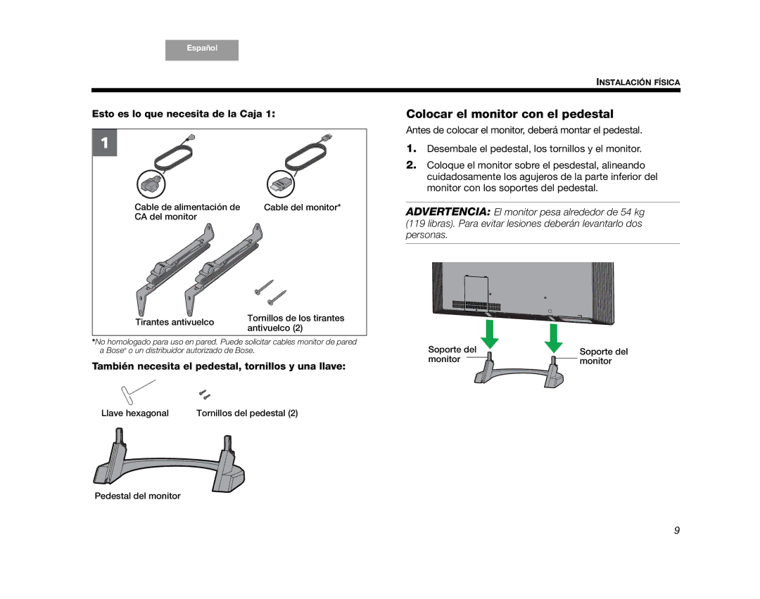 Bose AM352276 setup guide Colocar el monitor con el pedestal, Esto es lo que necesita de la Caja 