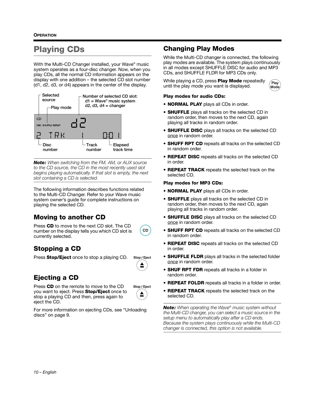 Bose AM352348 manual Playing CDs, Play modes for audio CDs, Play modes for MP3 CDs 