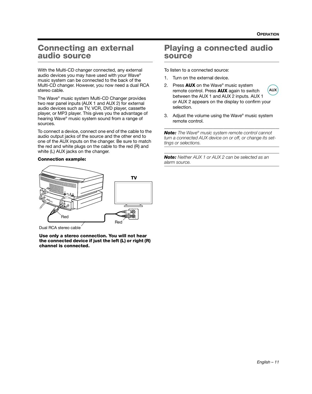 Bose AM352348 manual Connecting an external audio source, Playing a connected audio source, Connection example 