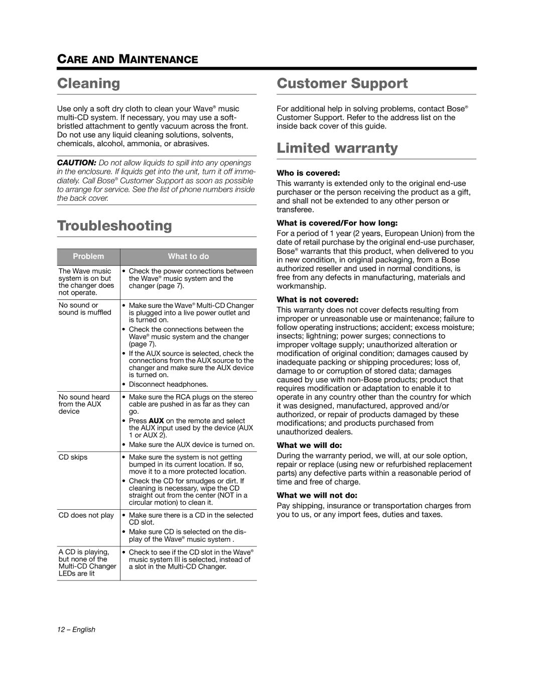 Bose AM352348 manual Cleaning, Troubleshooting, Customer Support, Limited warranty 