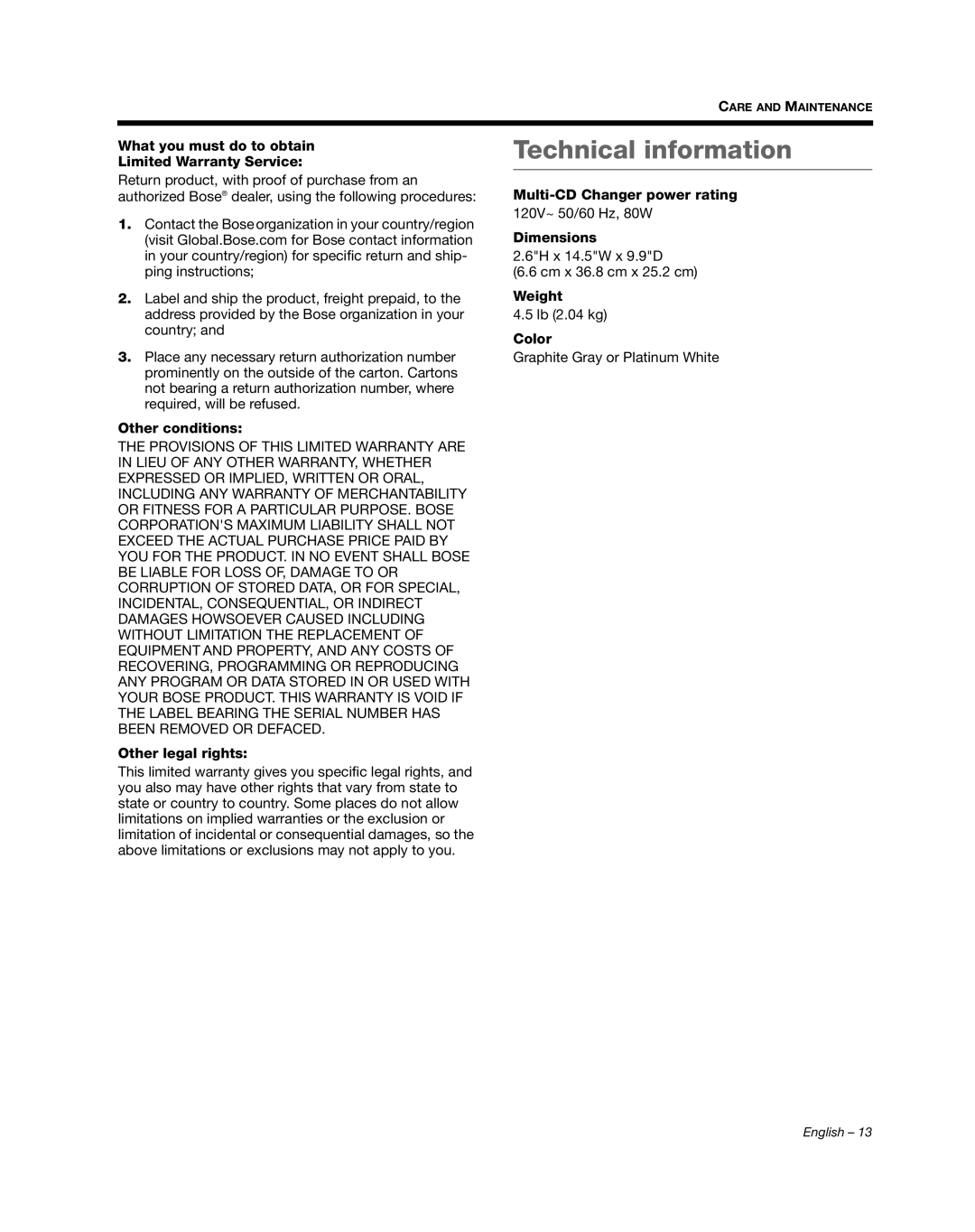 Bose AM352348 manual Technical information 