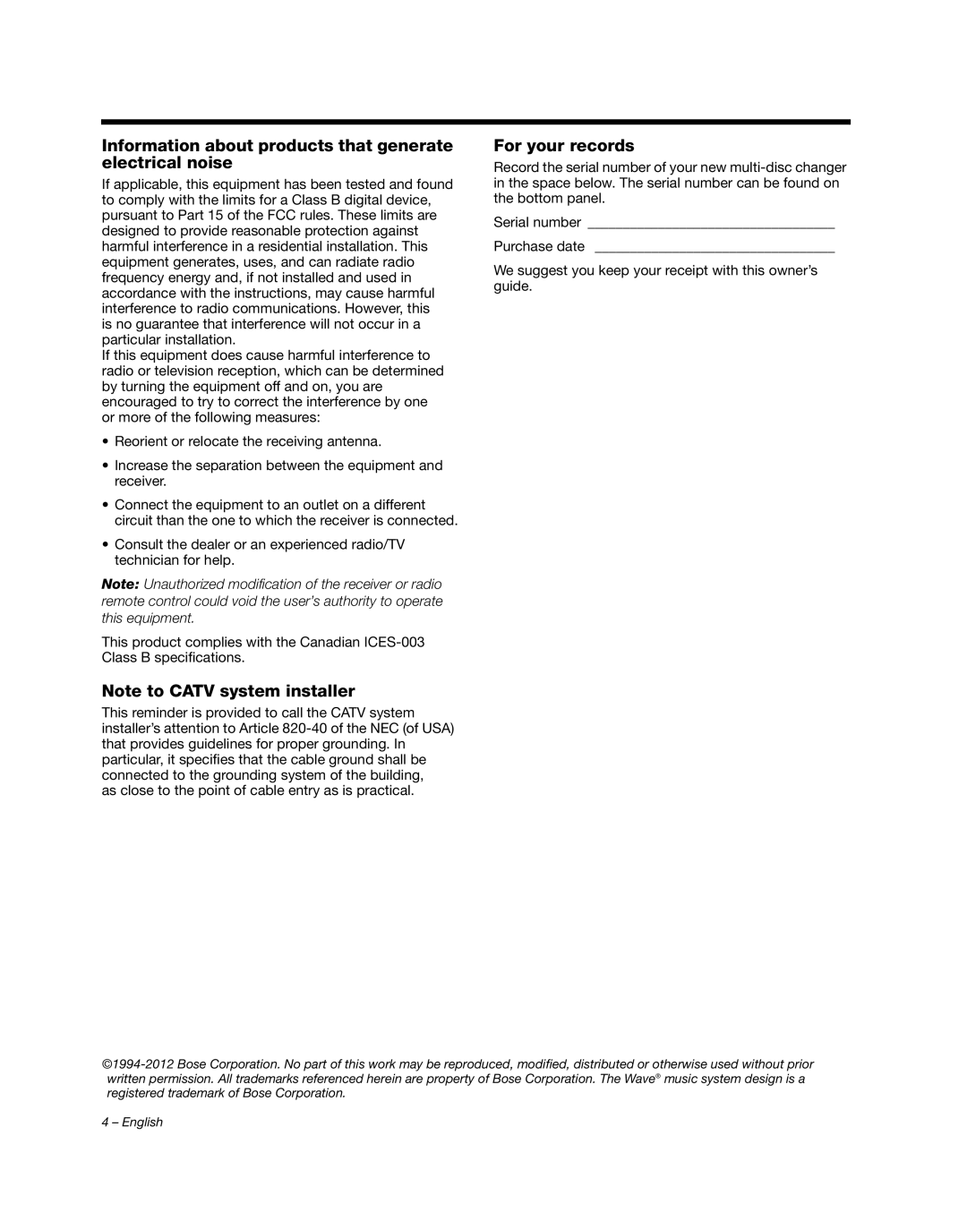 Bose AM352348 manual Information about products that generate electrical noise 