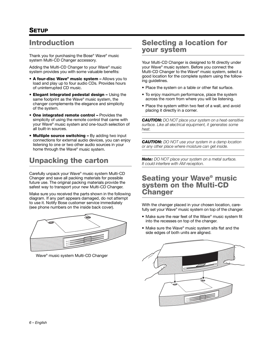 Bose AM352348 manual Introduction, Unpacking the carton, Selecting a location for your system 