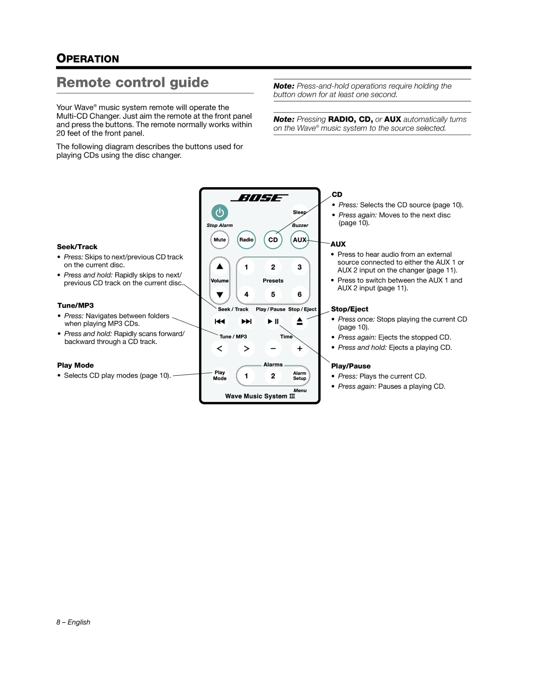 Bose AM352348 manual Remote control guide, Seek/Track 