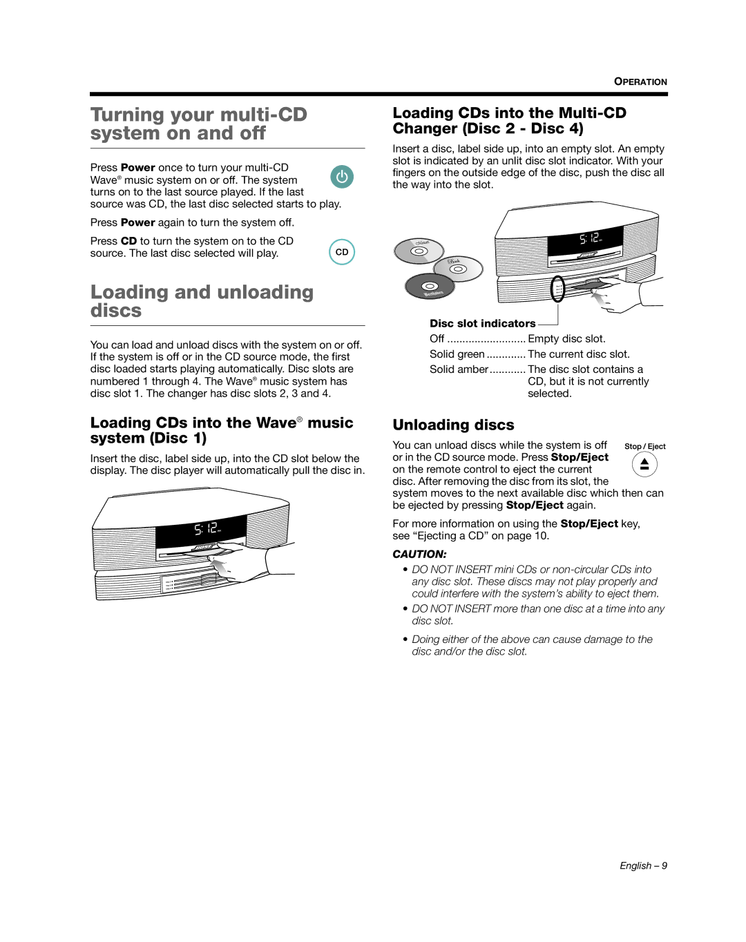 Bose AM352348 manual Turning your multi-CD system on and off, Loading and unloading discs, Disc slot indicators 