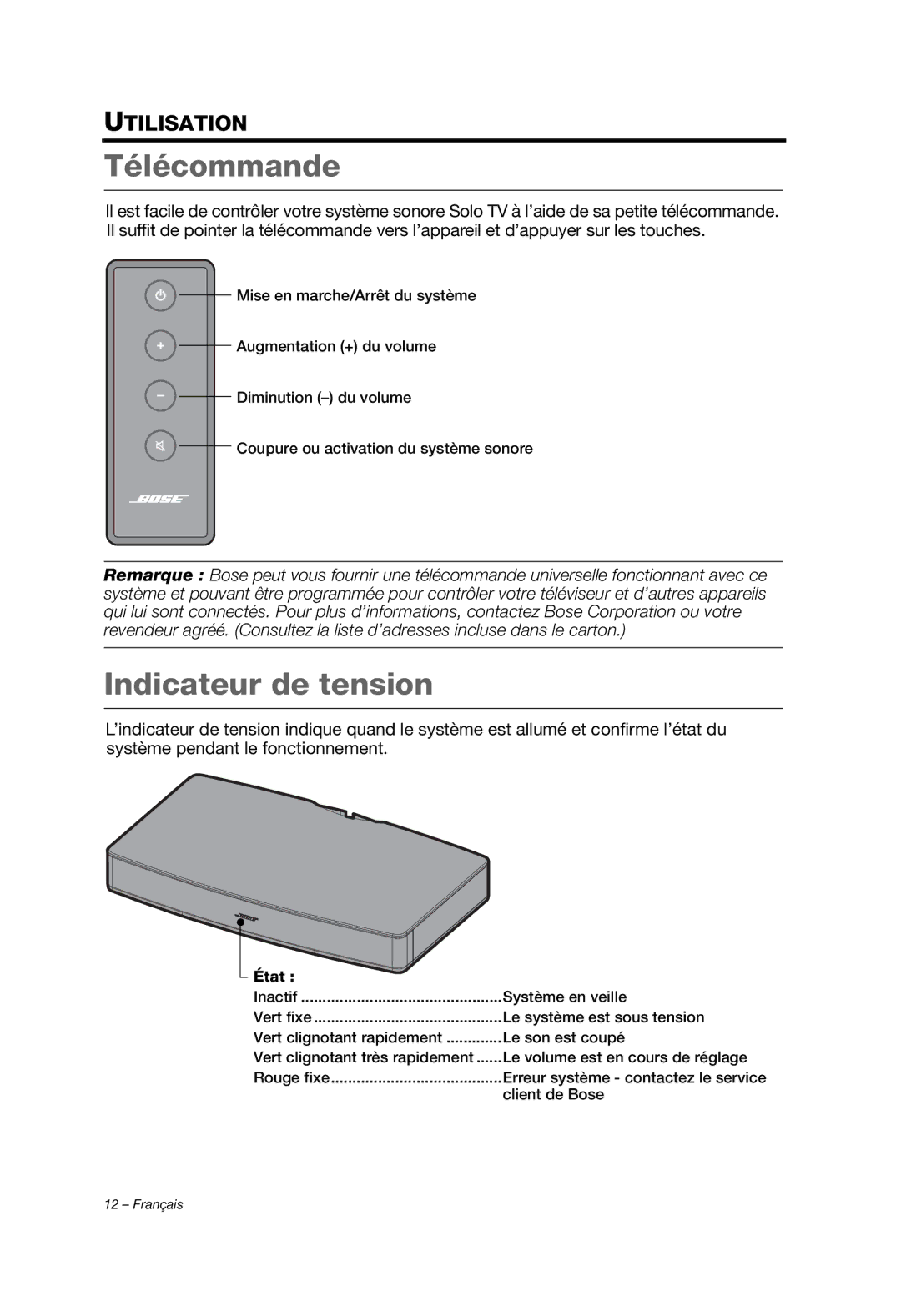 Bose AM353759 manual Télécommande, Indicateur de tension 