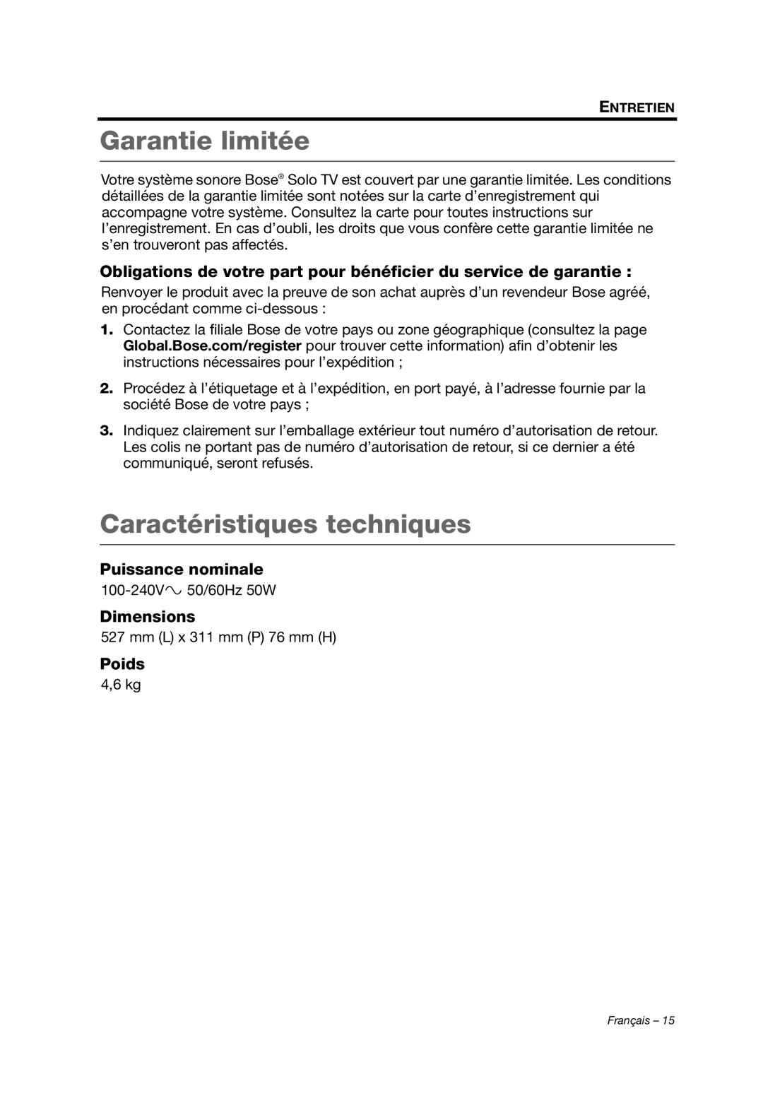 Bose AM353759 manual Garantie limitée, Caractéristiques techniques 