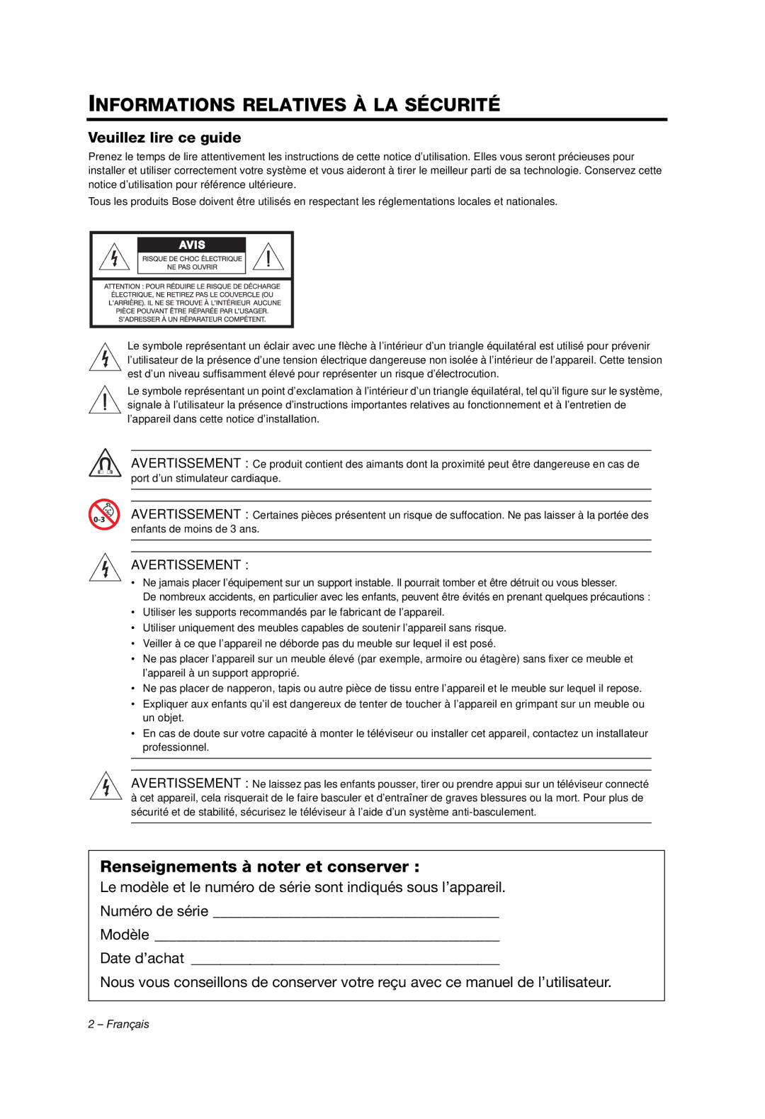 Bose AM353759 manual Informations Relatives À LA Sécurité 