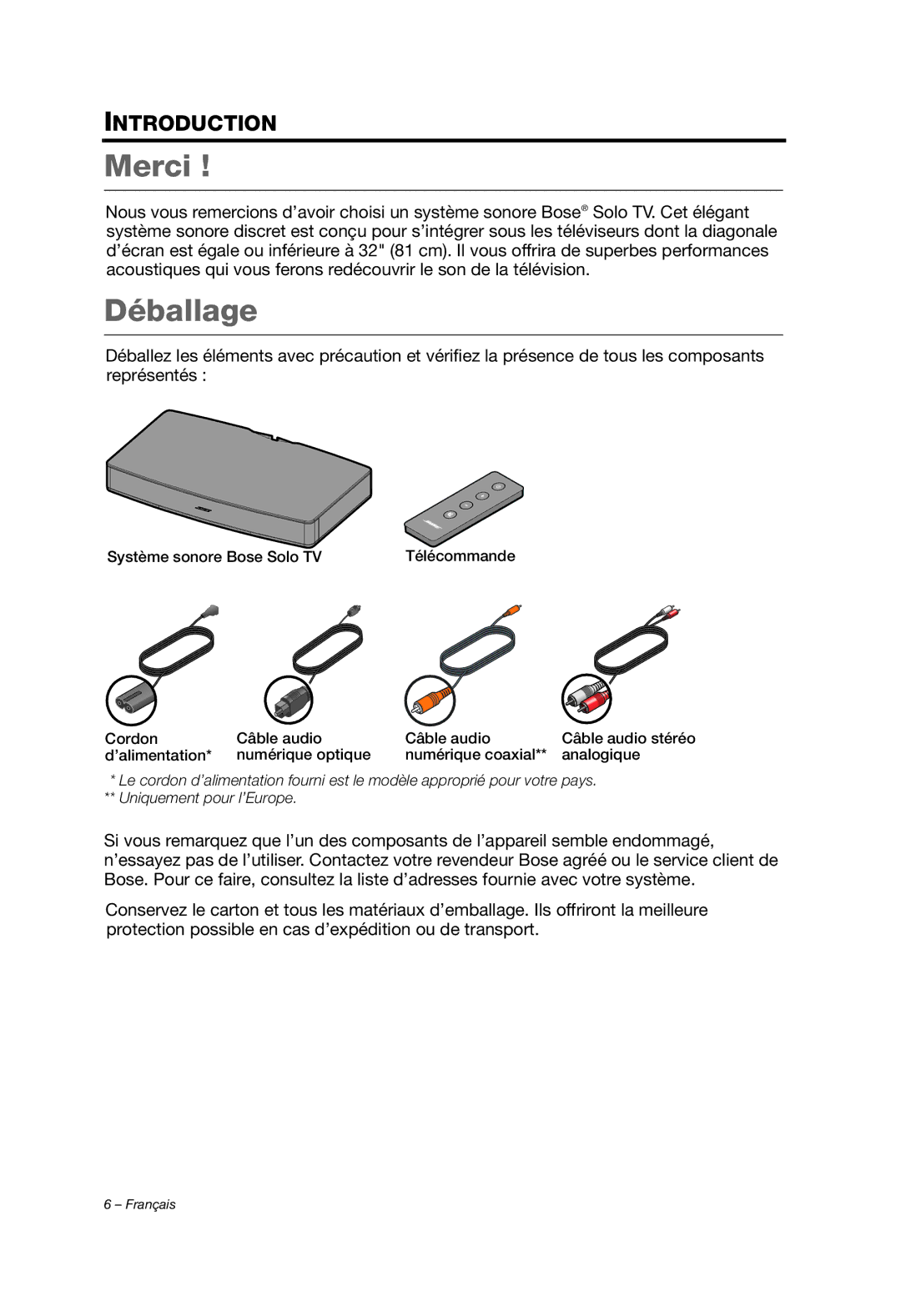 Bose AM353759 manual Merci, Déballage 