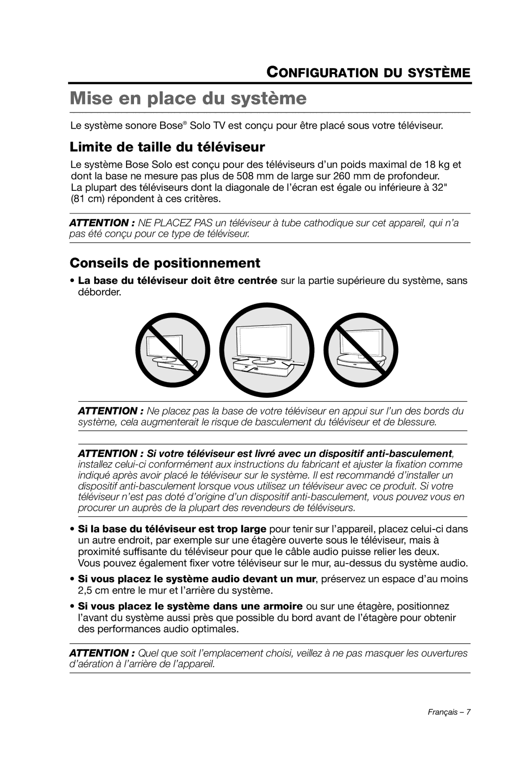 Bose AM353759 manual Mise en place du système, Limite de taille du téléviseur 