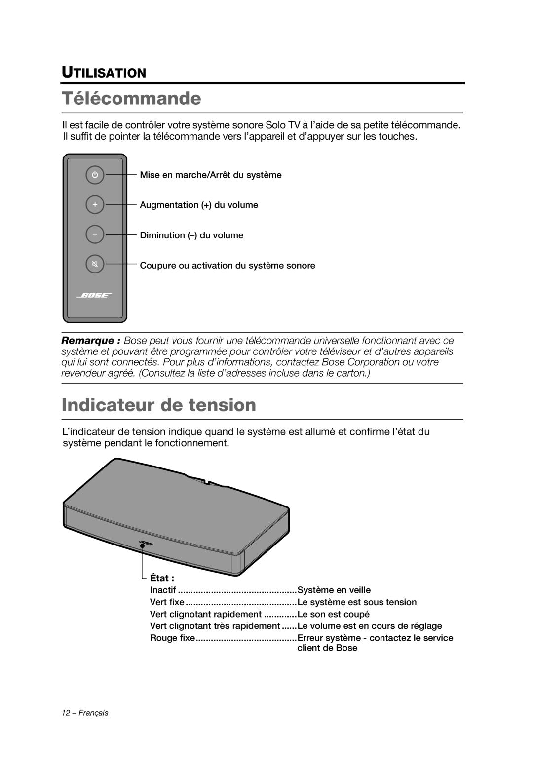 Bose AM353759 manual Télécommande, Indicateur de tension, Utilisation, État 