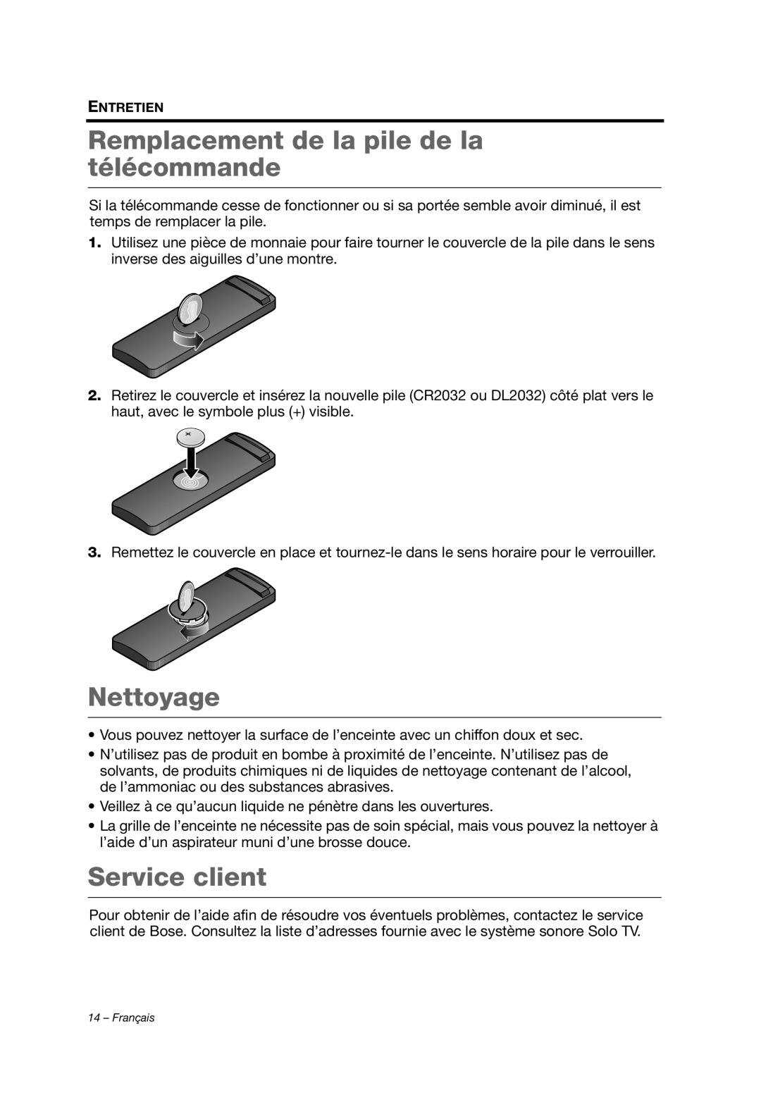 Bose AM353759 manual Remplacement de la pile de la télécommande, Nettoyage, Service client, Entretien 