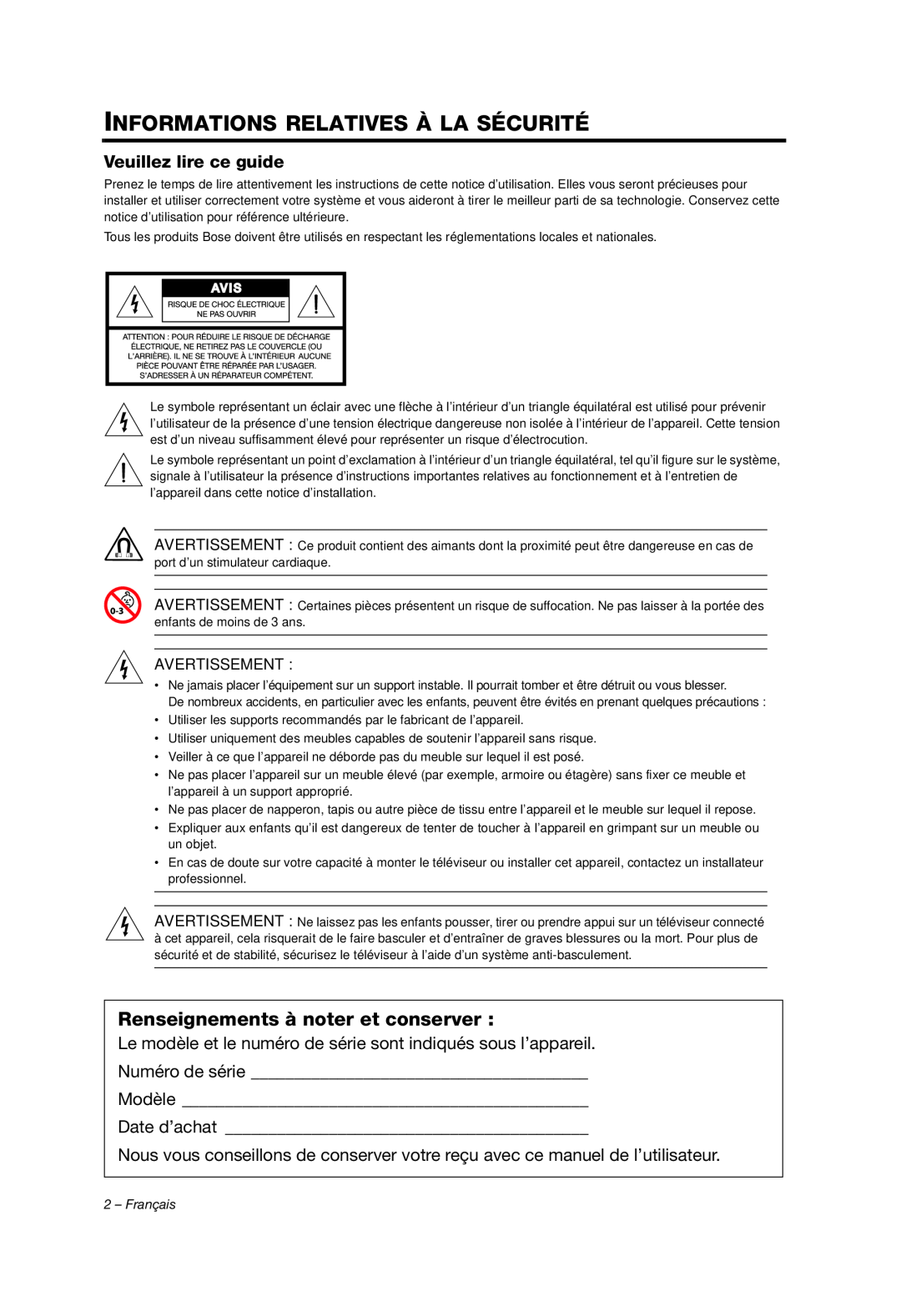 Bose AM353759 manual Informations Relatives À La Sécurité, Renseignements à noter et conserver 