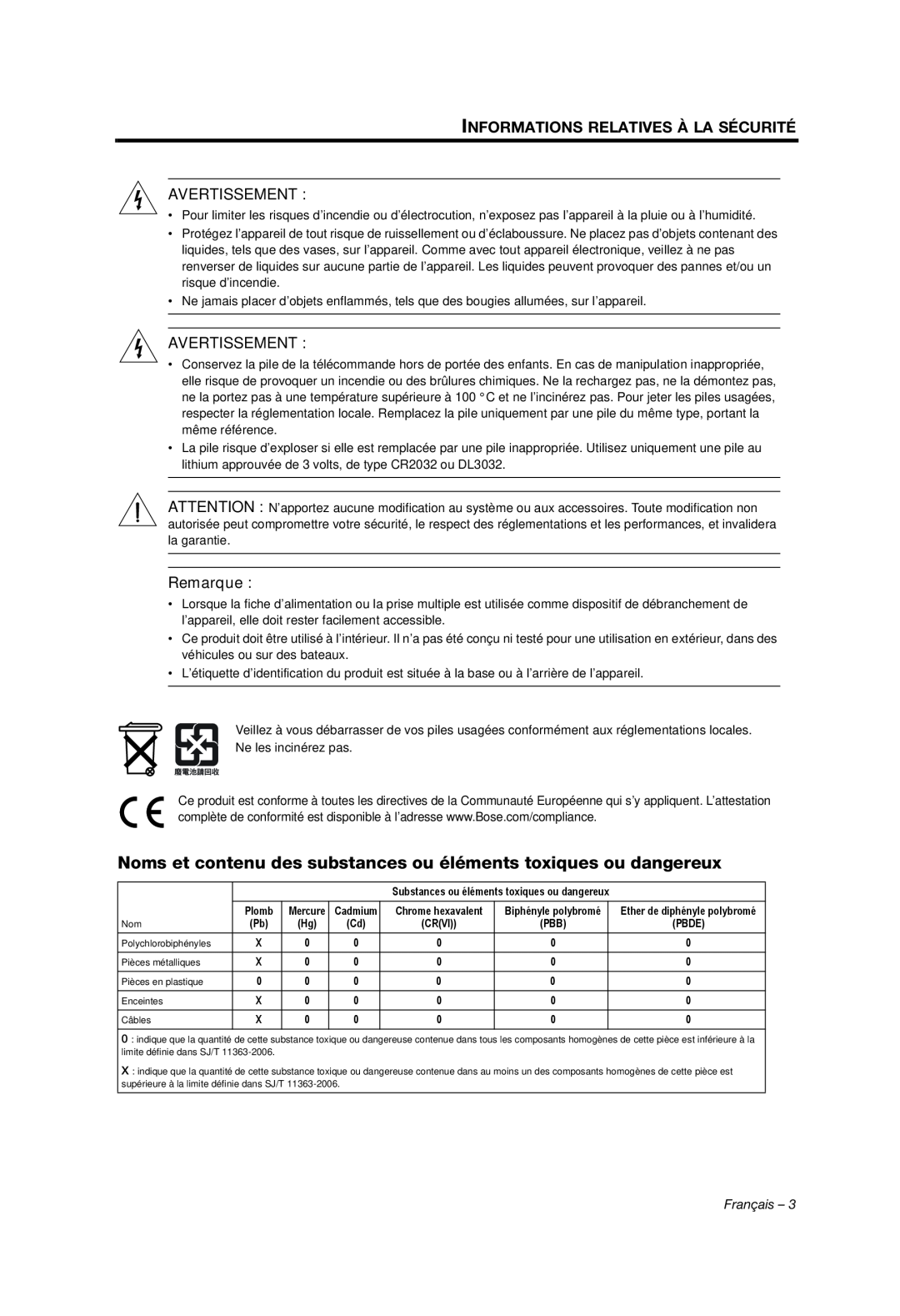 Bose AM353759 manual Informations Relatives À La Sécurité, Avertissement, Remarque, Français 