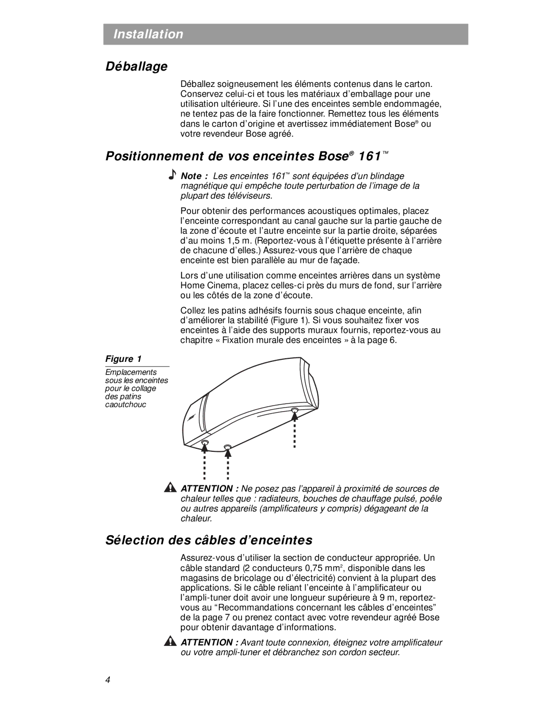 Bose 161 BLACK, BOSE 161W Installation, Déballage, Positionnement de vos enceintes Bose, Sélection des câbles d’enceintes 