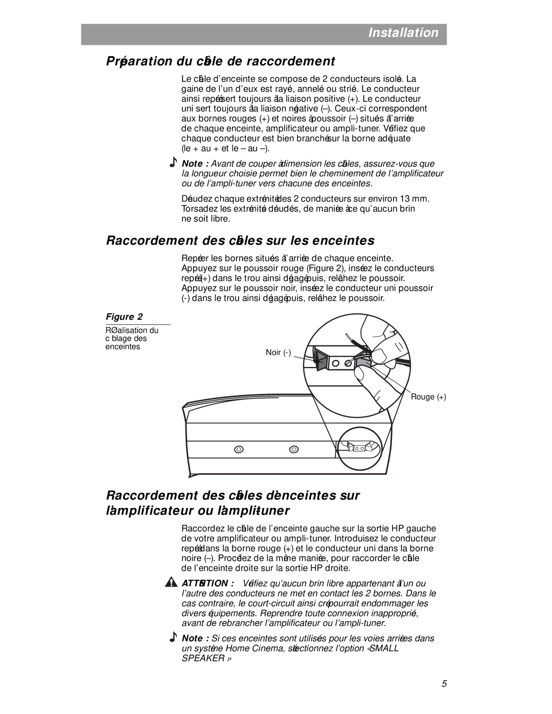 Bose 161 (R) Black (Pr.), BOSE 161W manual Préparation du câble de raccordement, Raccordement des câbles sur les enceintes 