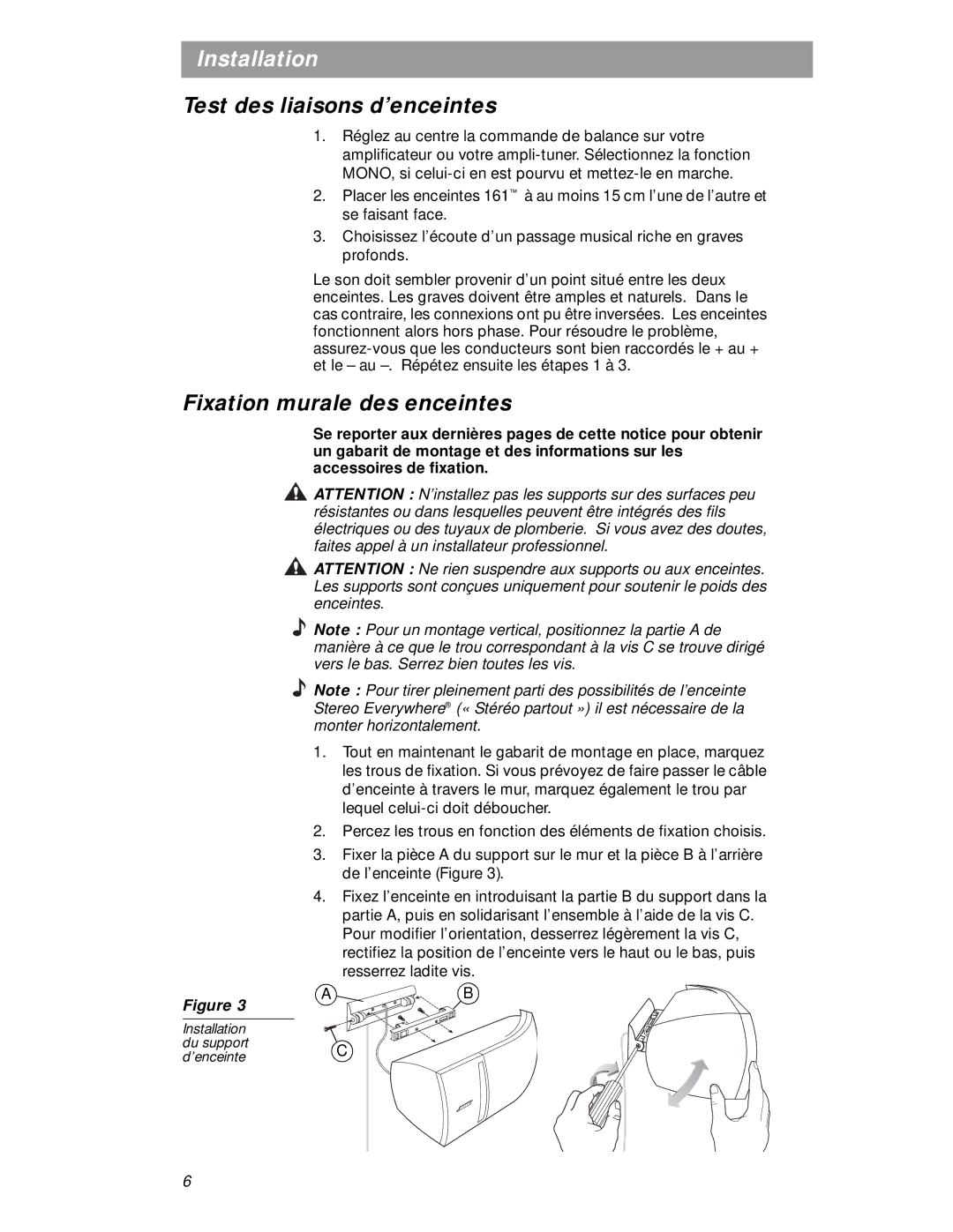 Bose BOSE 161W, 161 (R) White (Pr.), 161 BLACK manual Test des liaisons d’enceintes, Fixation murale des enceintes 