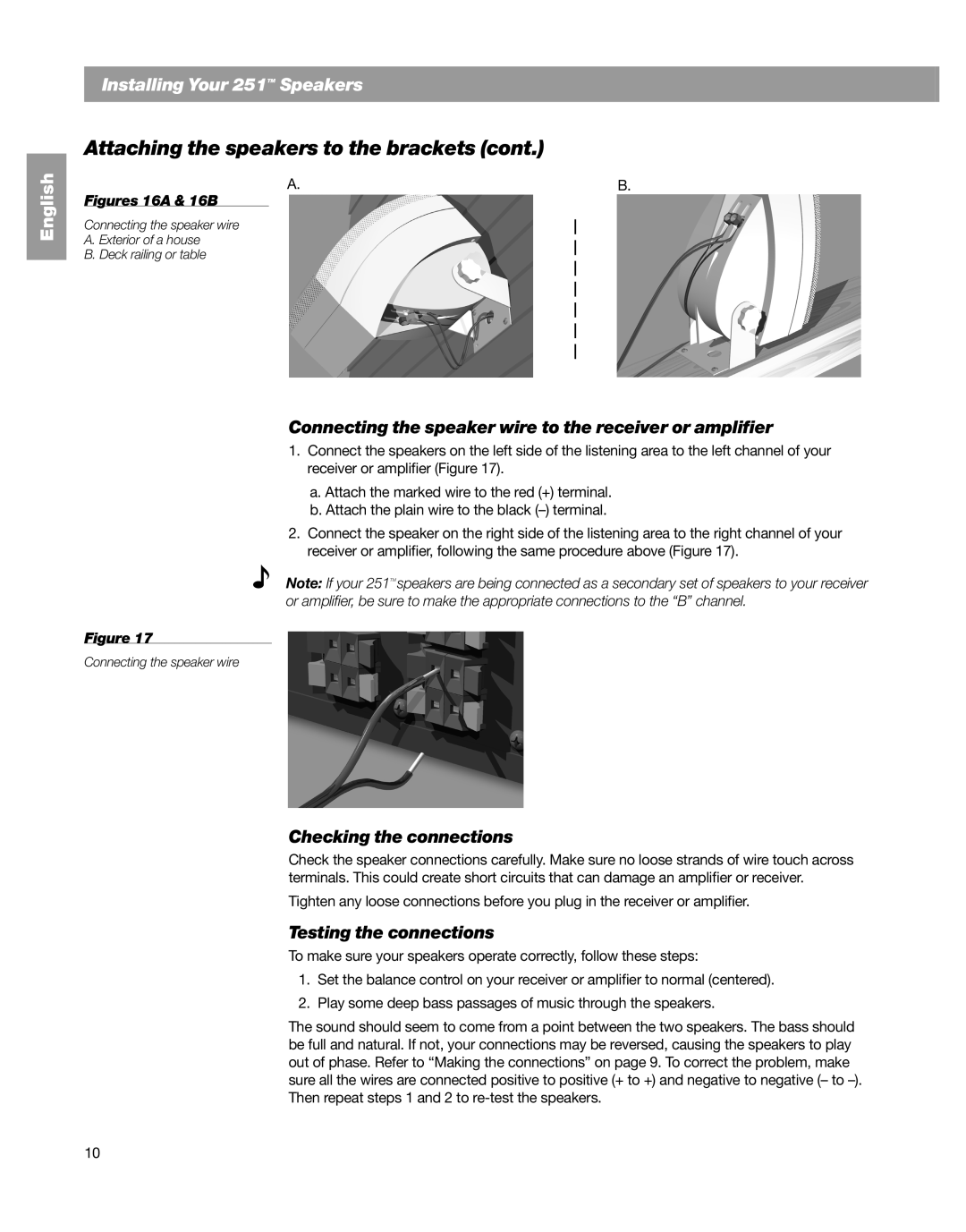 Bose 251TM Connecting the speaker wire to the receiver or amplifier, Checking the connections, Testing the connections 