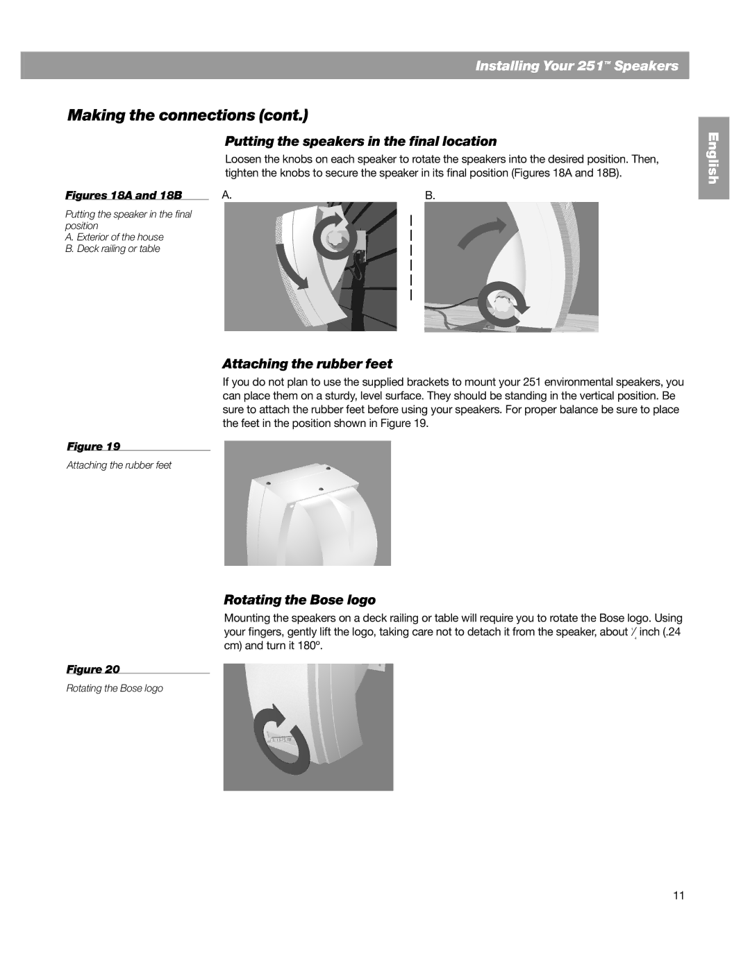 Bose 251 BLACK, 251TM manual Putting the speakers in the final location, Attaching the rubber feet, Rotating the Bose logo 