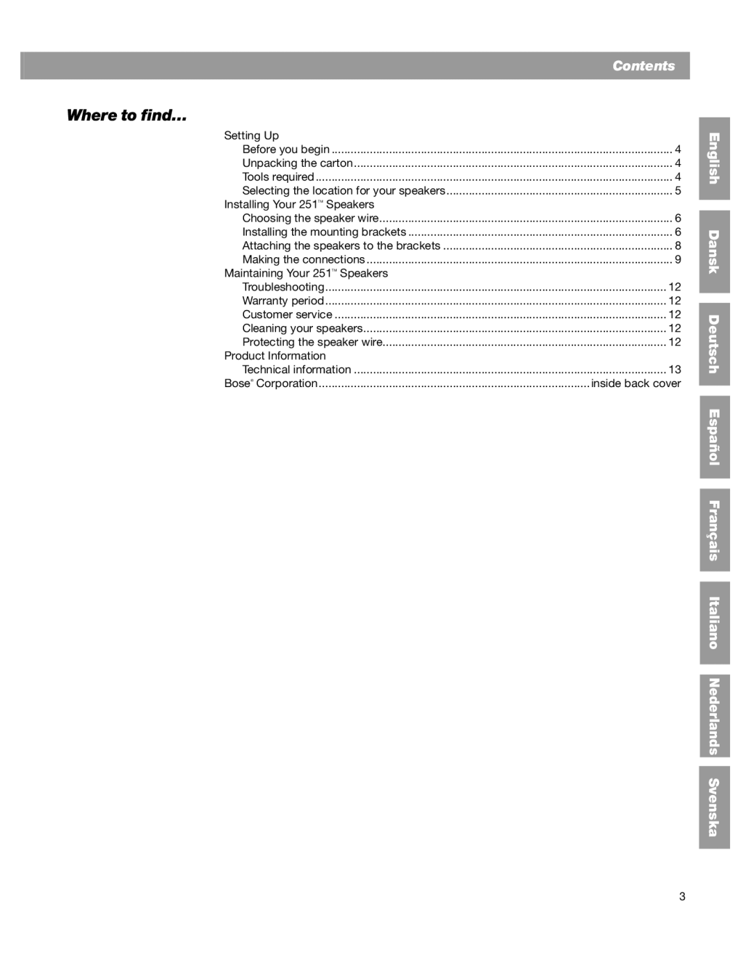 Bose BOSE 251 BLACK, 251TM manual Where to find…, Setting Up 