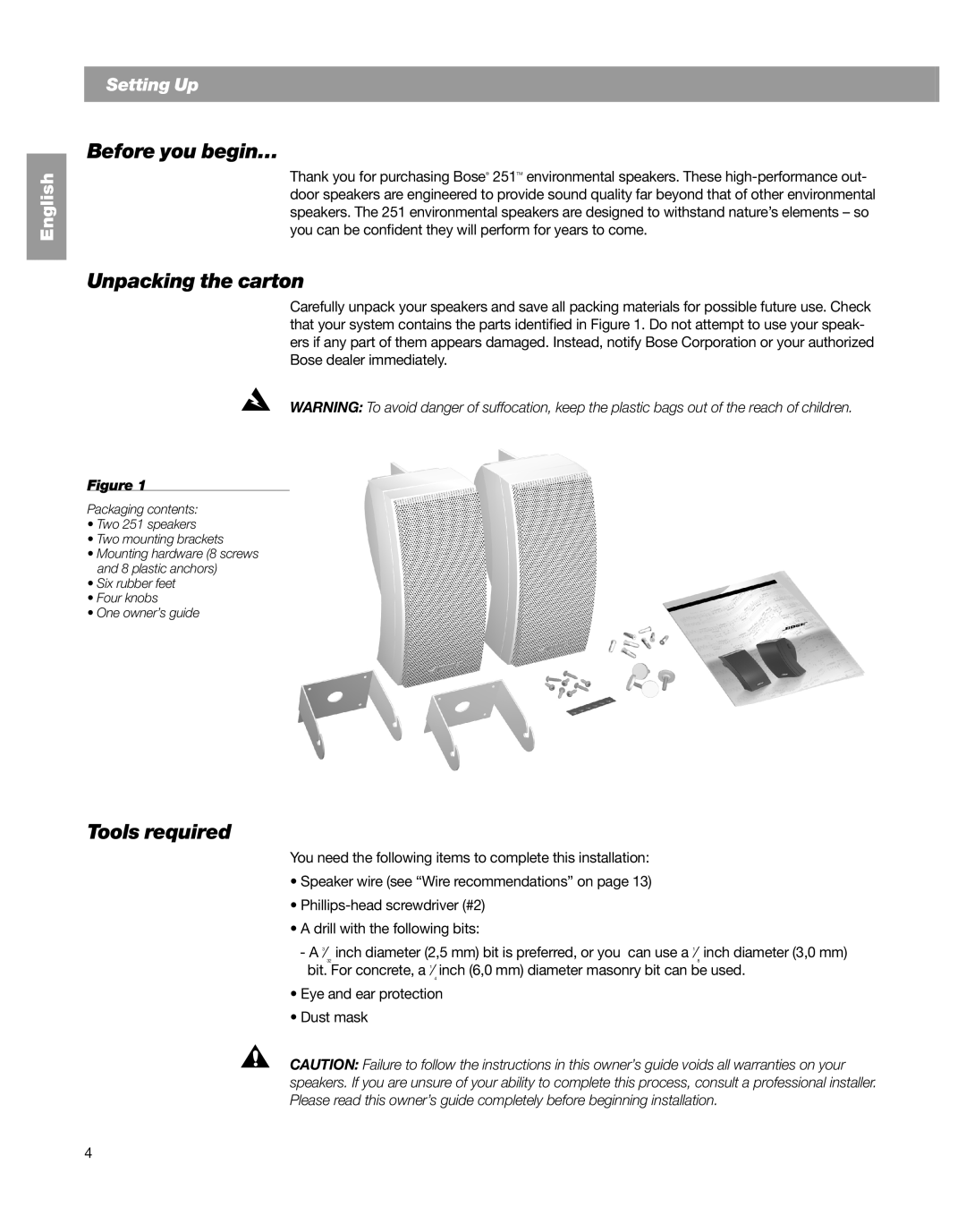 Bose 251TM, BOSE 251 BLACK manual Before you begin…, Unpacking the carton, Tools required 