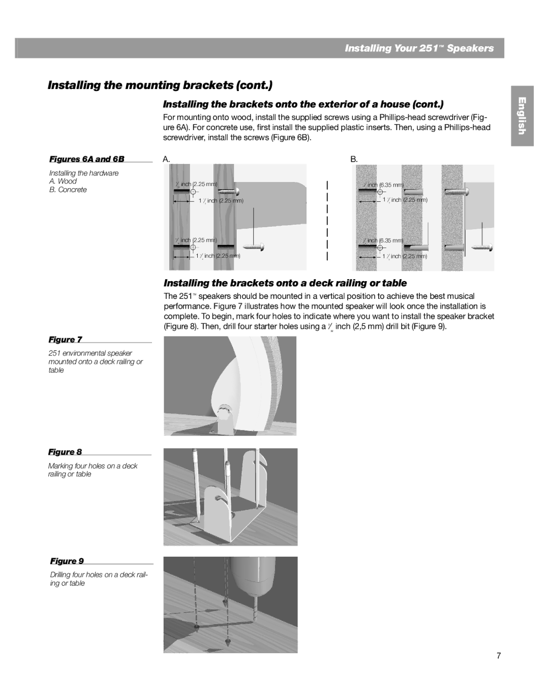 Bose 251TM, BOSE 251 BLACK manual Installing the brackets onto a deck railing or table, Figures 6A and 6B 