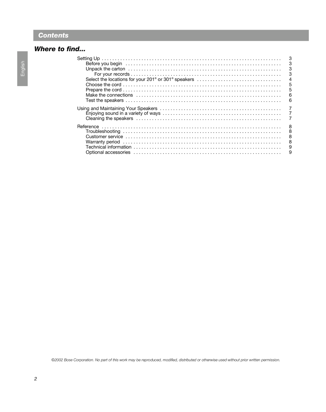 Bose BOSE 301 SERIES VB, 201 SERIES V BLACK manual Contents 