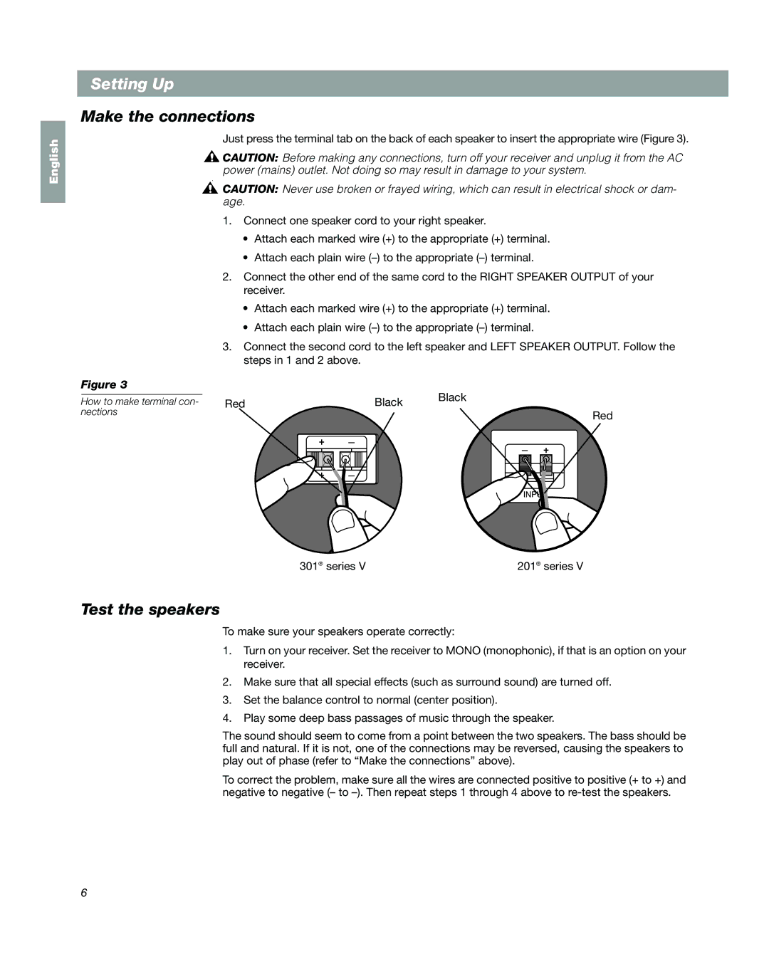 Bose BOSE 301 SERIES VB, 201 SERIES V BLACK manual Make the connections, Test the speakers 