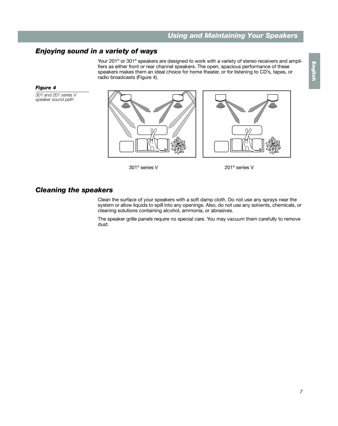 Bose 301 SERIES VB, 201 Using and Maintaining Your Speakers, Enjoying sound in a variety of ways, Cleaning the speakers 