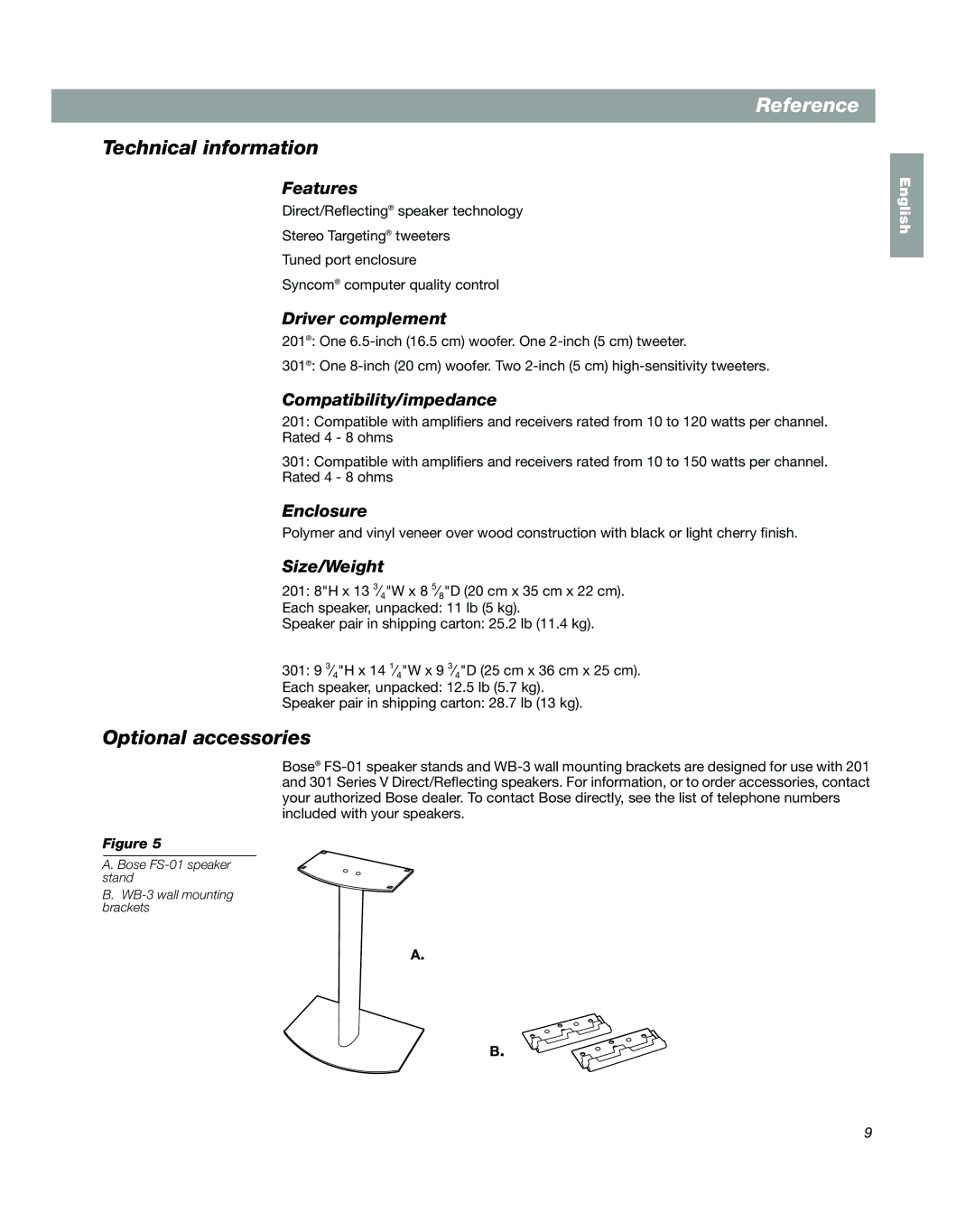 Bose BOSE 301 SERIES VB, 201 SERIES V BLACK manual Technical information, Optional accessories 