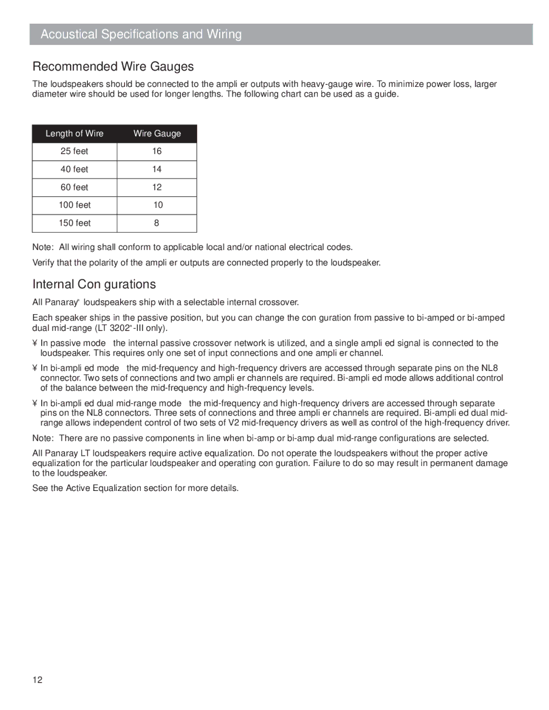 Bose LT Series III manual Acoustical Specifications and Wiring, Recommended Wire Gauges, Internal Conﬁgurations 