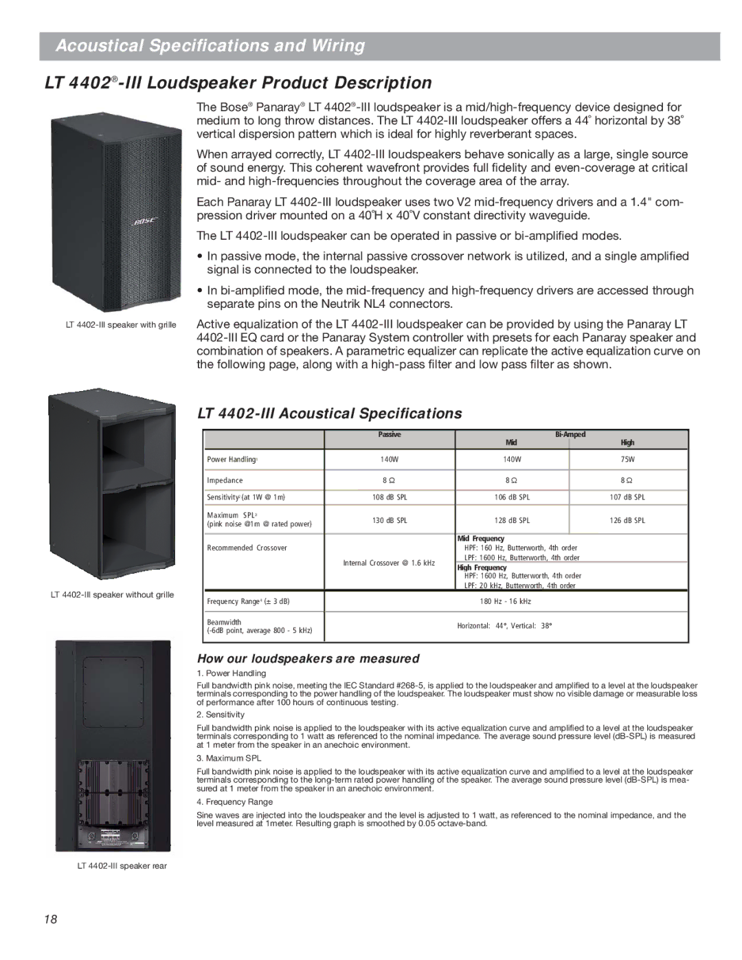 Bose LT Series III manual LT 4402-III Loudspeaker Product Description, LT 4402-III Acoustical Speciﬁcations 