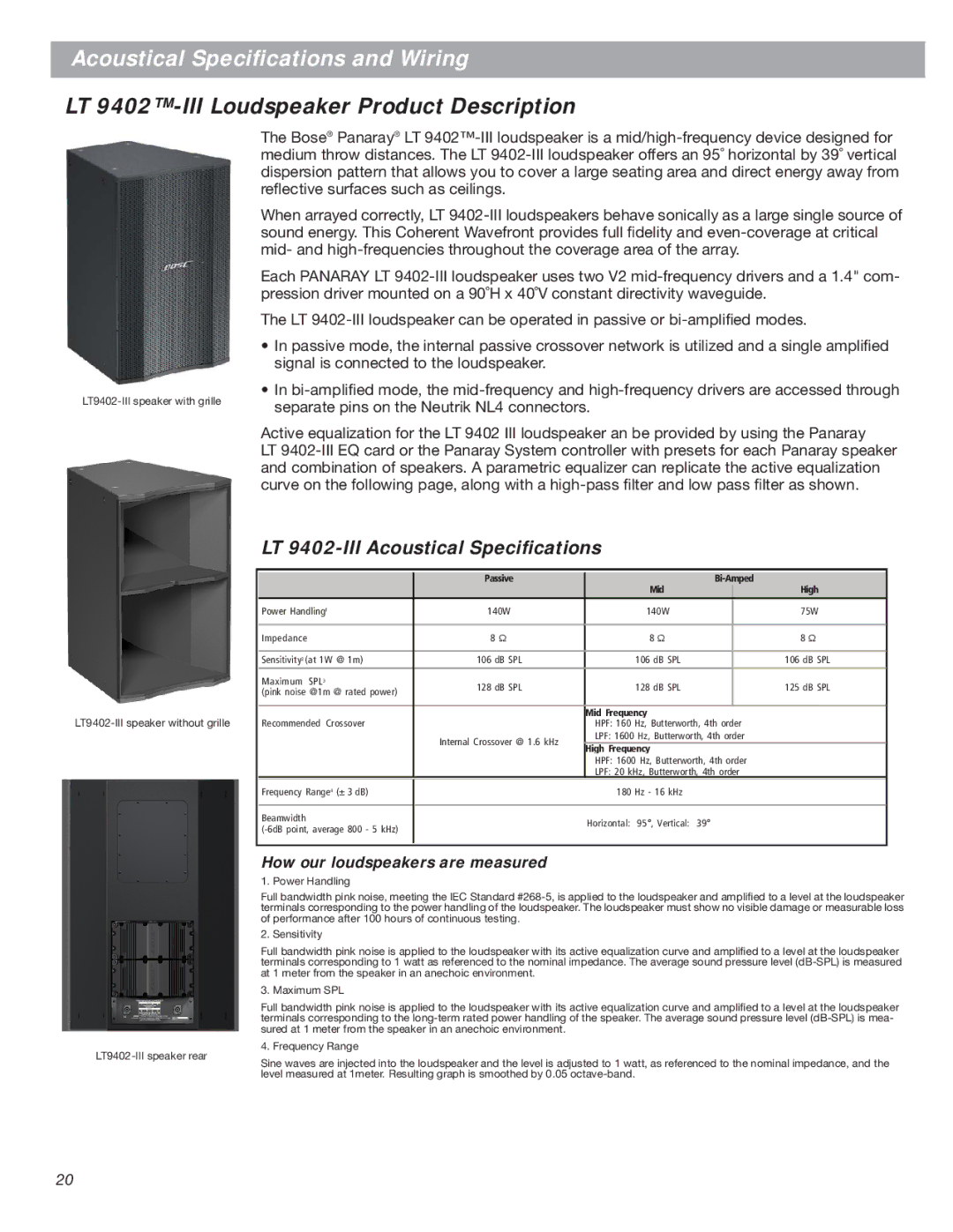 Bose LT Series III manual LT 9402-III Loudspeaker Product Description, LT 9402-III Acoustical Speciﬁcations 