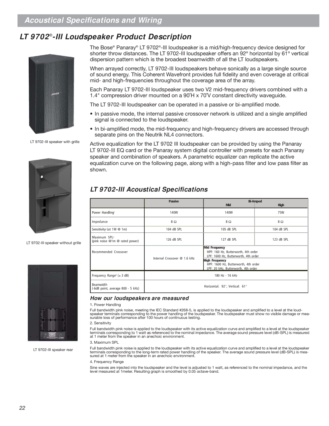 Bose LT Series III manual LT 9702-III Loudspeaker Product Description, LT 9702-III Acoustical Speciﬁcations 