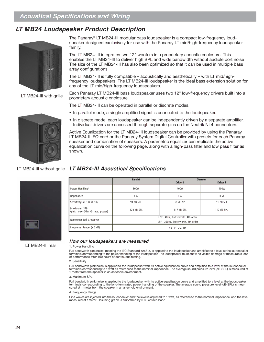 Bose LT Series III manual LT MB24 Loudspeaker Product Description, LT MB24-III Acoustical Speciﬁcations 