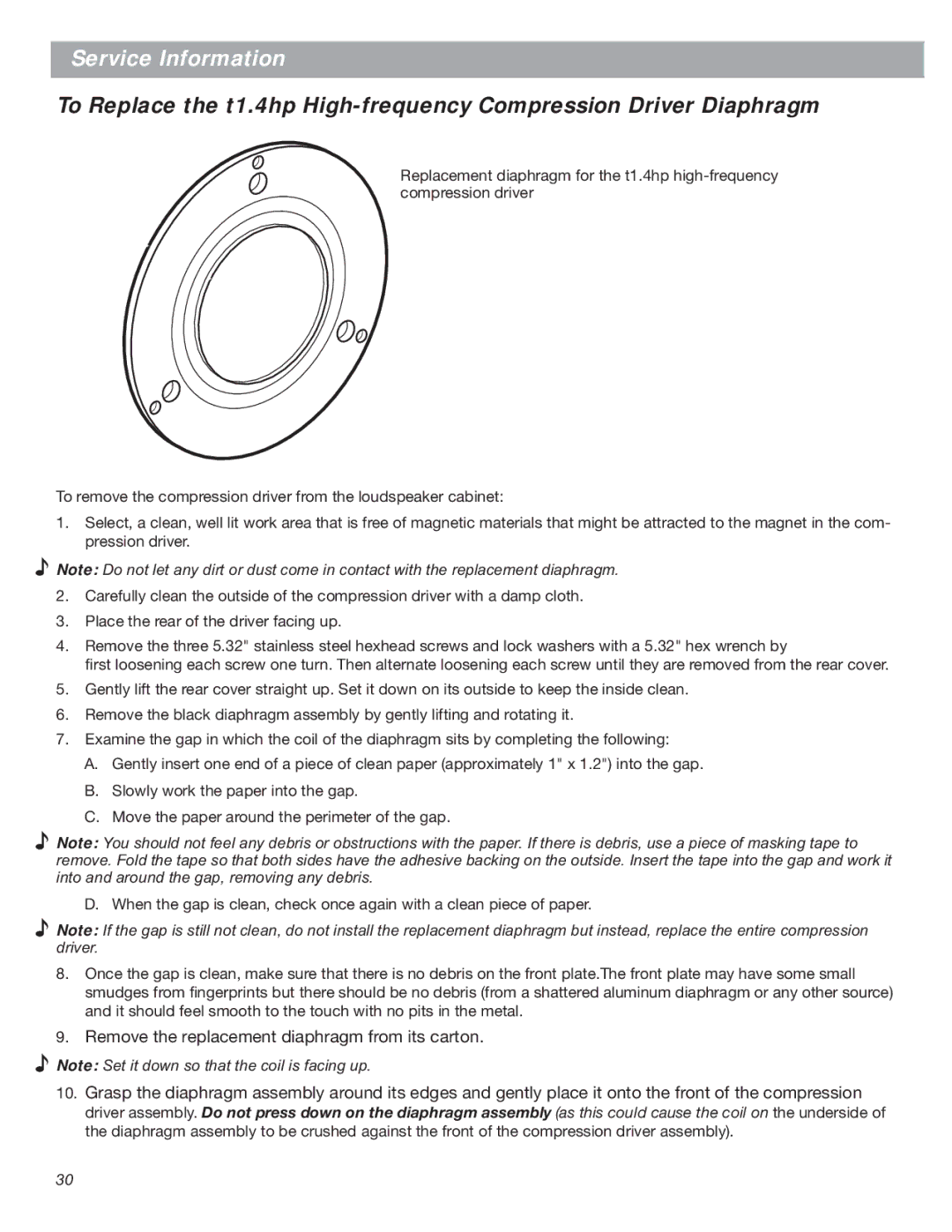 Bose LT Series III, Bose Panaray Loudspeakers manual Remove the replacement diaphragm from its carton 