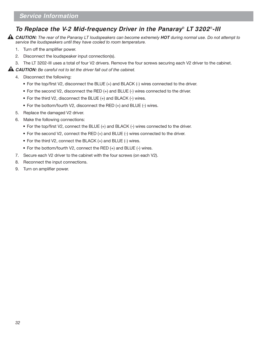 Bose LT Series III, Bose Panaray Loudspeakers manual To Replace the V-2 Mid-frequency Driver in the Panaray LT 