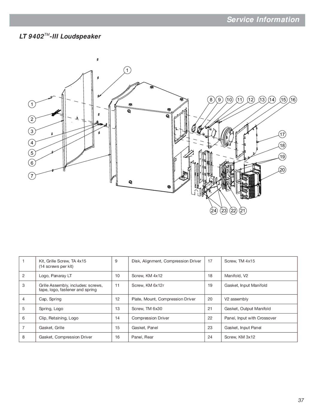 Bose Bose Panaray Loudspeakers, LT Series III manual LT 9402TM-III Loudspeaker, 10 11 12 13 14 15 24 23 22 