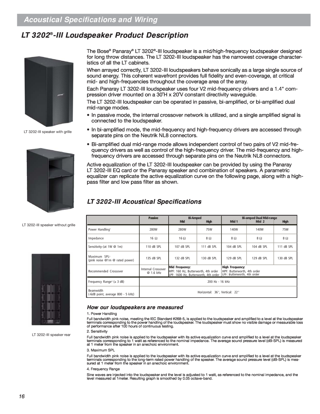 Bose LT Series III manual LT 3202-IIILoudspeaker Product Description, LT 3202-IIIAcoustical Speciﬁcations 